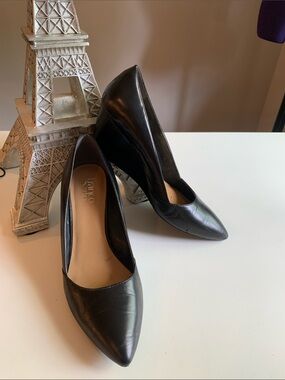 Franco Sarto Black Pointed Leather Wedge Pumps